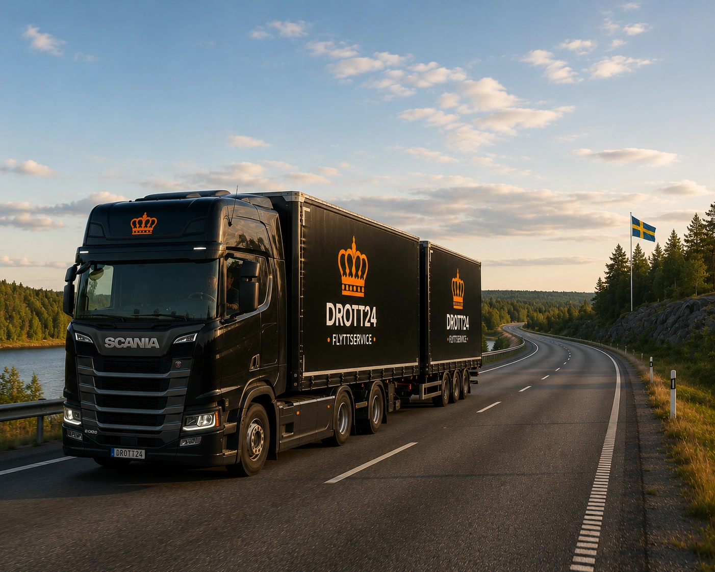 Drott24 långdistans-transport med Scania-ekipage genom Sverige