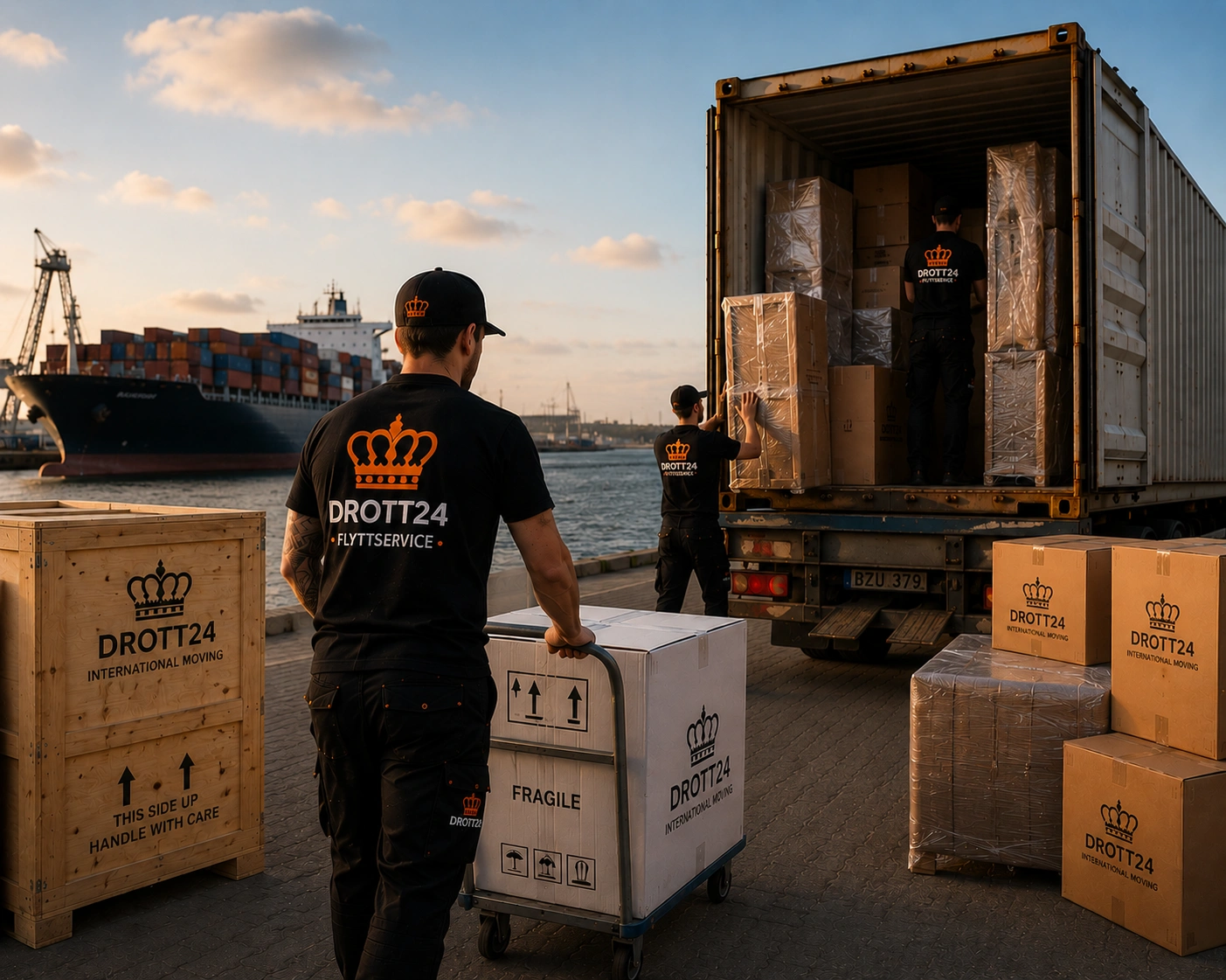 Drott24 utlandsflytt – container lastas vid hamn för sjötransport