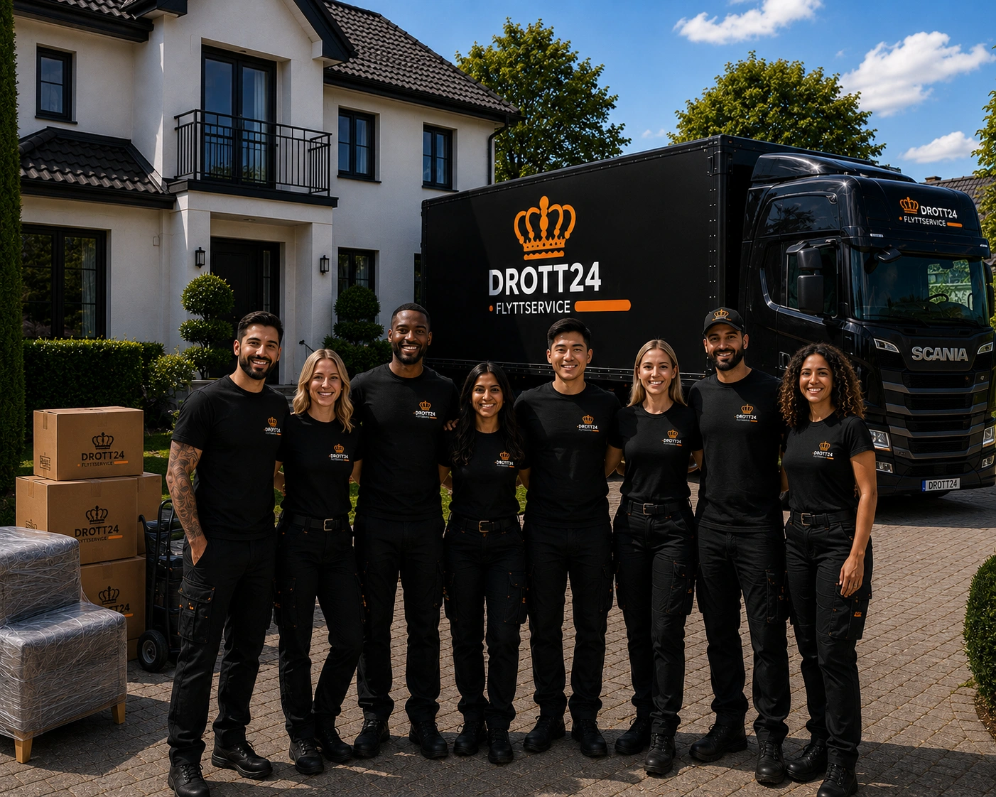 Drott24Flytt team utanför villa redo för flytt