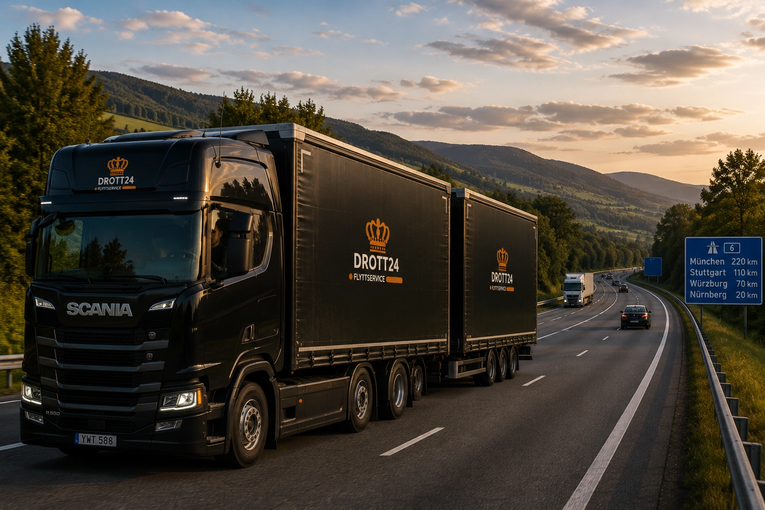 Drott24 utlandsflytt – tysk autobahn med Drott24-bil på väg söderut